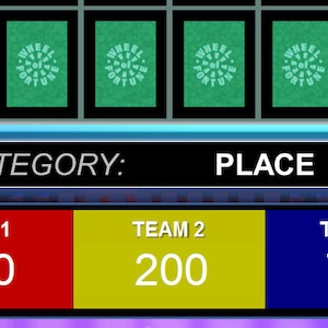 May include: A game show scoreboard with three teams, Team 1 with 500 points, Team 2 with 200 points, and Team 3 with 750 points. The category is "PLACE".