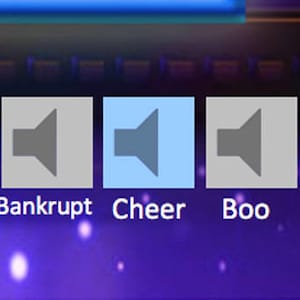 May include: Five sound buttons with speaker icons. The buttons are labeled "Win", "Bankrupt", "Cheer", "Boo", and "Silence". The "Silence" button is red, and the other buttons are blue or gray.