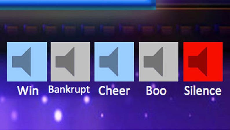 May include: Five sound buttons with speaker icons. The buttons are labeled "Win", "Bankrupt", "Cheer", "Boo", and "Silence". The "Silence" button is red, and the other buttons are blue or gray.