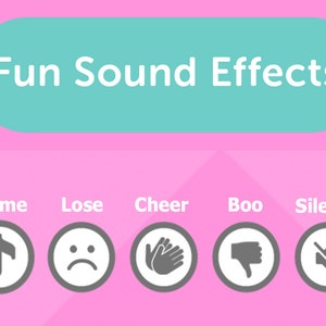 Pode incluir: Um fundo rosa com uma faixa turquesa que diz "Fun Sound Effects". Abaixo da faixa, h&aacute; cinco c&iacute;rculos cinzentos com &iacute;cones que representam diferentes efeitos sonoros: uma nota musical, uma cara triste, palmas, um polegar para baixo e um s&iacute;mbolo de sil&ecirc;ncio. O texto abaixo de cada &iacute;cone diz "Tema", "Perder", "Aplausos", "Boo", e "Sil&ecirc;ncio".