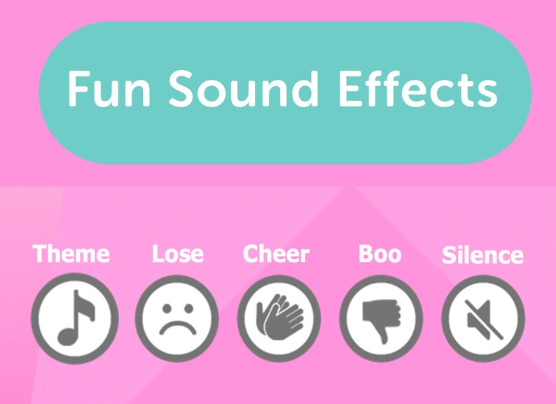 Pode incluir: Um fundo rosa com uma faixa turquesa que diz "Fun Sound Effects". Abaixo da faixa, h&aacute; cinco c&iacute;rculos cinzentos com &iacute;cones que representam diferentes efeitos sonoros: uma nota musical, uma cara triste, palmas, um polegar para baixo e um s&iacute;mbolo de sil&ecirc;ncio. O texto abaixo de cada &iacute;cone diz "Tema", "Perder", "Aplausos", "Boo", e "Sil&ecirc;ncio".