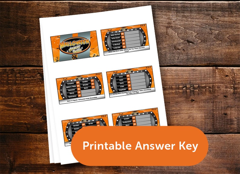 May include: Printable Halloween answer key with a black and orange color scheme. The answer key includes a variety of Halloween-themed questions and answers.