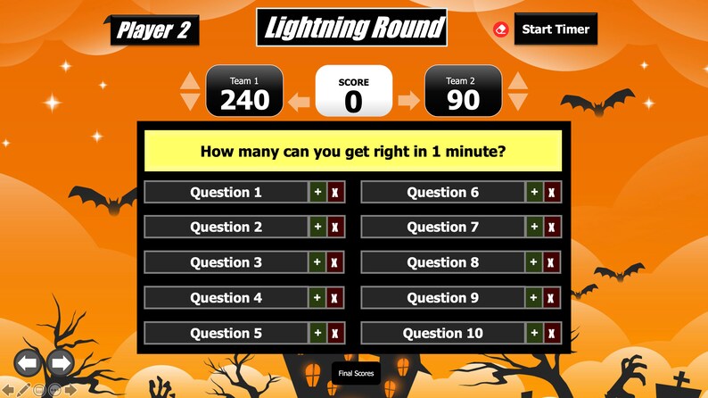 May include: A Halloween-themed game board with a timer, score, and 10 questions. The game board is orange with black bats and trees. The text on the board reads "Lightning Round" and "How many can you get right in 1 minute?"