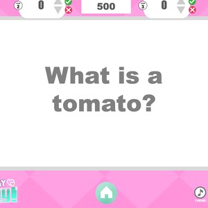 Pode incluir: Uma tela de programa de jogos rosa e branca com a pergunta "What is a tomato?" exibida. O programa de jogos se chama "JenParody!" e o tema &eacute; "Valentine's Day".
