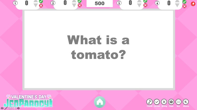Pode incluir: Uma tela de programa de jogos rosa e branca com a pergunta "What is a tomato?" exibida. O programa de jogos se chama "JenParody!" e o tema &eacute; "Valentine's Day".