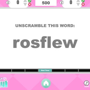 Pode incluir: Uma tela de programa de jogos rosa e branca com o texto "UNSCRAMBLE THIS WORD: rosflew" e o t&iacute;tulo "VALENTINE'S DAY JEOPARODY!"