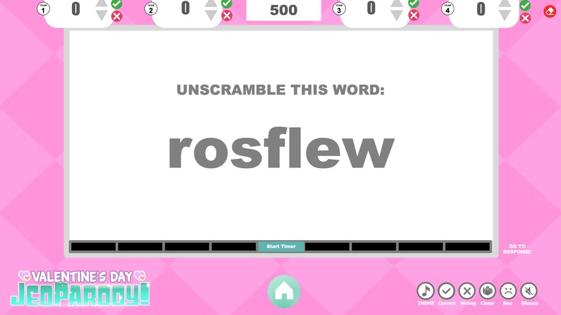 Pode incluir: Uma tela de programa de jogos rosa e branca com o texto "UNSCRAMBLE THIS WORD: rosflew" e o t&iacute;tulo "VALENTINE'S DAY JEOPARODY!"