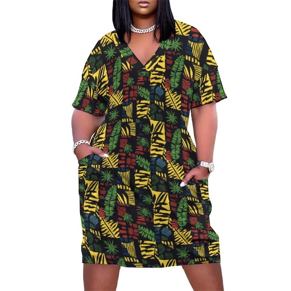 Vibrant Women's African Kente Print Dress,Tropical Leaf & Drum Pattern, Casual Summer Plus Size Tunic, Unique Cultural Wear