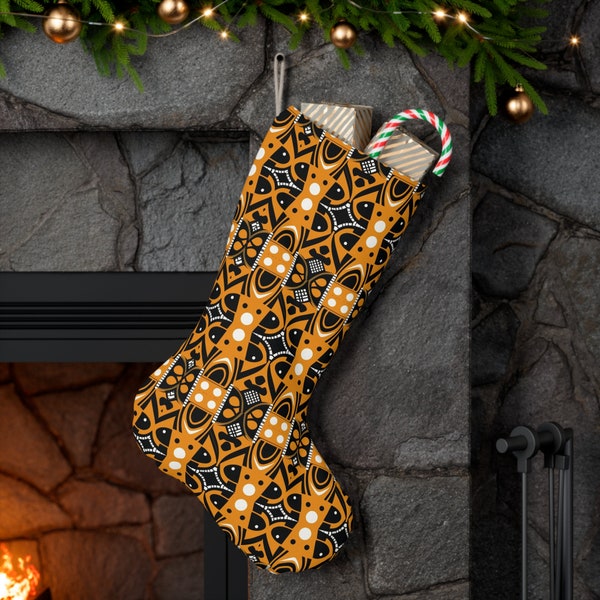 Yellow & Black African Print Holiday Stocking | Traditional Art African Christmas Decor - Ships Free