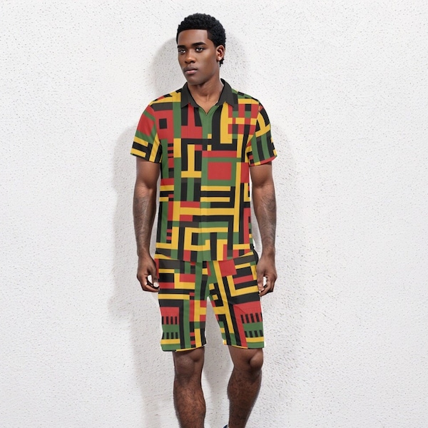 Kente Cloth Print Men's Two-Piece Short Set, Cultural & Stylish Mens Ensemble, Big and Tall Mens Summer Wear, Mens African Print Shorts