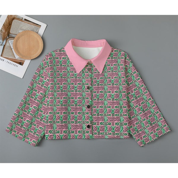 Women's AKA Inspired Pink & Green African Mud Cloth Print Cropped Cardigan | Pink and Green Fashion Jacket | Alpha Woman Jacket