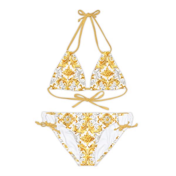 Gold & White Baroque Strappy Bikini Set, Luxurious Swimsuit with Adjustable Straps, Streetwear Art Style Two-Piece Swimwear, Gold Swimwear