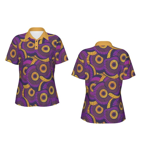 Purple & Orange African Wax Print Polo Shirt for Women, Elastic Microfiber Sports Polo, Stylish Golf African Print  Ladies Sportswear