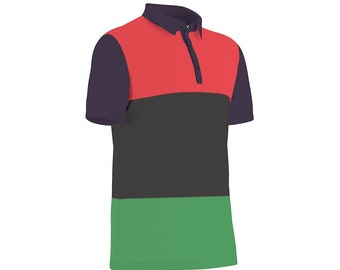 Pan-African Pride Men's Golf Polo Shirt - Red, Black, Green Colorblock Light weight  & Stretch Athletic Apparel, Men's Golf Apparel