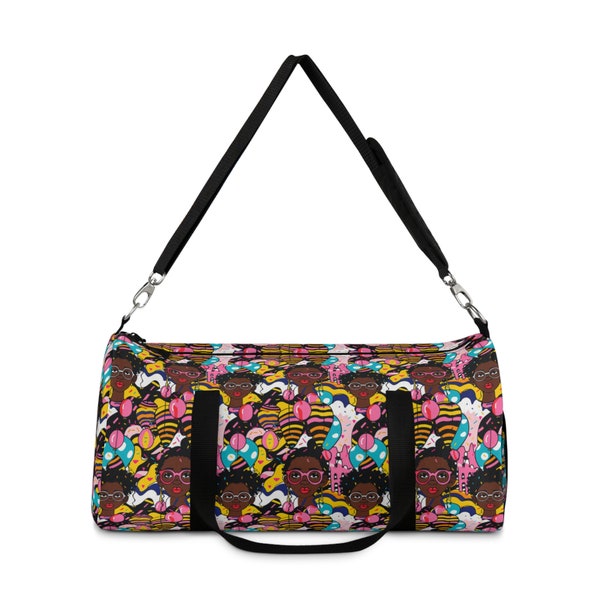 Afrocentric Celebration Pop Art Duffel Bag - Vibrant Travel Bag, Adjustable Shoulder Strap, Personalized Name Tag, Available in Two Sizes