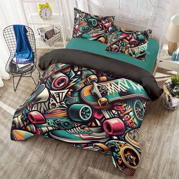 Skate Culture Graffiti Art 4 Piece Duvet Cover Set, Urban Street Style Bedding, Street Style Bedroom Set, Teen Bedroom Street Decor