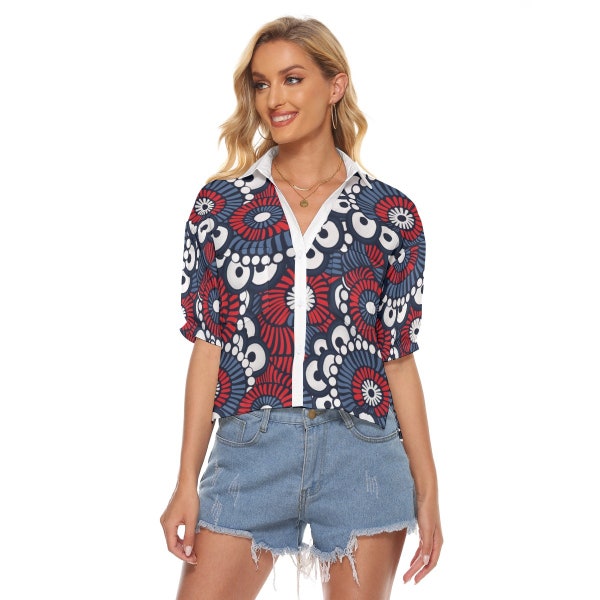 Patriotic Red, White, and Blue Abstract Floral Women's Blouse, American-Inspired Print, Casual Chic, Freedom Celebration Day V Neck Shirt