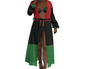 Pan African Red, Black, and Green Beach Kimono Cardigan |  Lightweight Women's Beach Cover Up | Garvey Flag Swimwear |Plus Size Cover Up
