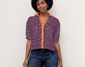 Chemise africaine à col en V éclatant en spirale, chemisier pour femme violet et orange vif à imprimé tribal, chemisier ample à imprimé ethnique