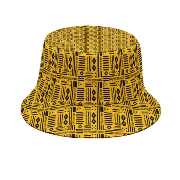 Yellow & Black African MudCloth Bucket Hat, Ethnic Bogolan Print, African Print Unisex Apparel,  Tribal Fashion Headwear, Yellow Bucket Hat