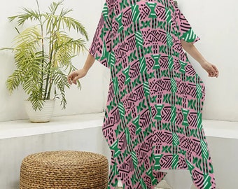 AKA Sorority Color Tribute African Mud Cloth Kaftan Dress, Pink & Green Imitation Silk Robe,African Print Women's Apparel, Pretty Girl Dress