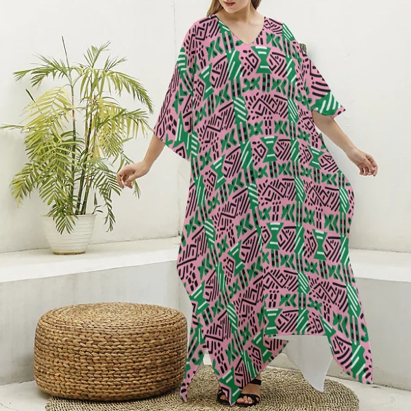 AKA Sorority Color Tribute African Mud Cloth Kaftan Dress, Pink & Green Imitation Silk Robe,African Print Women's Apparel, Pretty Girl Dress