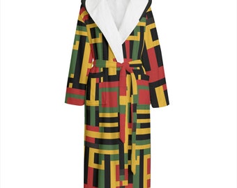 Kente Cloth African Print Flannel Hooded Bathrobe | African Wax Print Mens Robe | African Print Women's Robe | Comfortable African Robe