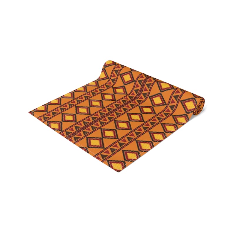 Coureur de table d'impression d'Ankara, chemin de table de conception ethnique, coureur africain orange et jaune, nappe de cuisine réutilisable, impression de Boho image 3