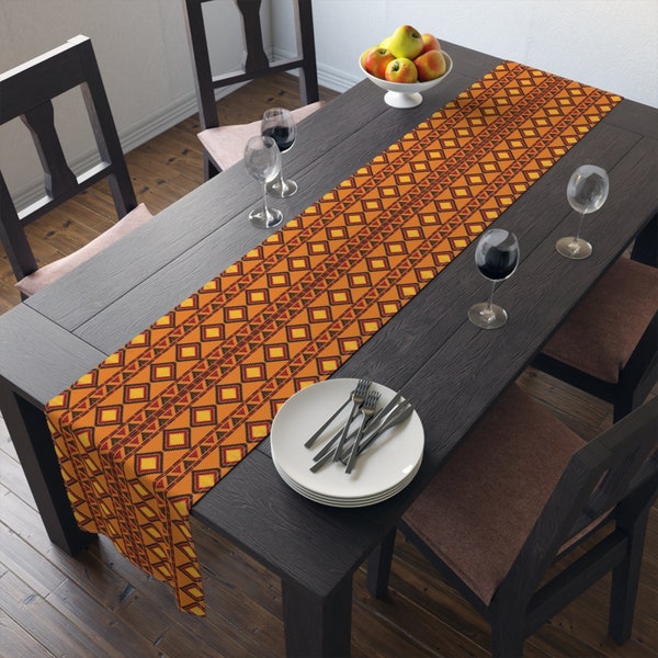 Coureur de table d'impression d'Ankara, chemin de table de conception ethnique, coureur africain orange et jaune, nappe de cuisine réutilisable, impression de Boho