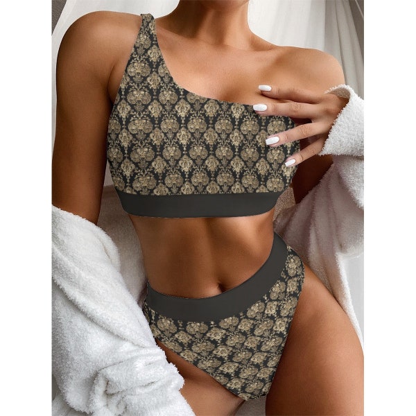 Gold & Black Elegance One-Shoulder Women's Bikini, Luxurious Lace Print Swimwear, Glamorous Gold Swim Set, Lace Printed Bikini