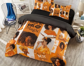 Black Girl Magic Duvet Cover Set, Inspirational Orange Bedroom Decor,4 Piece Set, Gift For Encouraging Black Girls & Teens,Housewarming Gift