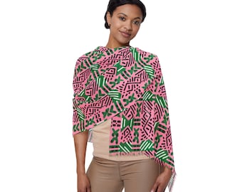 AKA Sorority Inspired African MudCloth Scarf | Pink & Green African Ankara Print Women's Scarf | Mud Cloth Women's Cold Weather Fashion