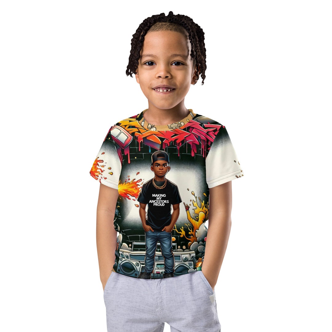 Kids' 'making My Ancestors Proud' Graffiti Themed Tshirt, Youth Black