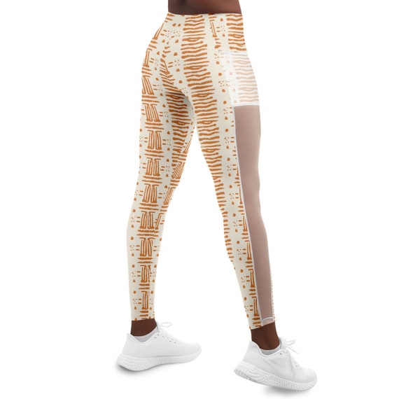 Rust & Cream Colored Sexy Women's African Print Meshpocket Leggings African  Pattern Workout Gear Mud Cloth Style Yoga Pants Ships Free 