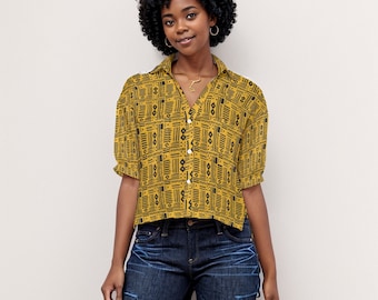 Women's Yellow & Black African MudCloth Print Loose Fit Top With Side Slits, African Print Blouse