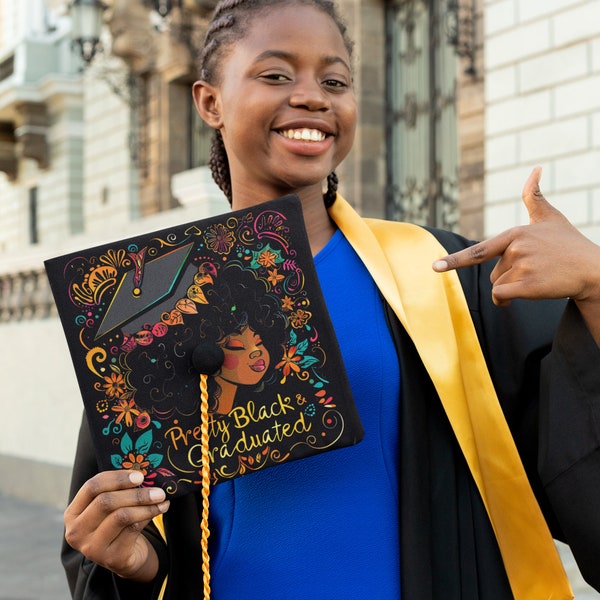 Afrocentric 'Pretty Black & Graduated' Personalized Cap Topper,Black Girl Magic Graduation Cap Topper, Pretty Black and Educated Cap