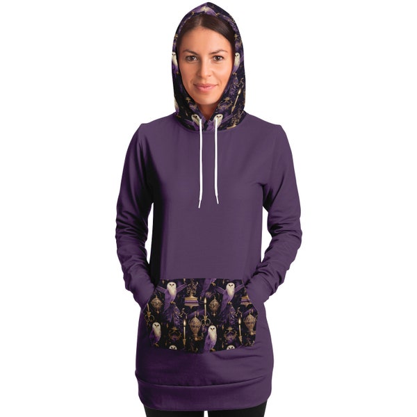 Potterhead Magical World Purple Longline Women's Hoodie,  Wands, Owls, Magical Symbols Longline Hooded Sweatshirt, Enchanting Pattern Top