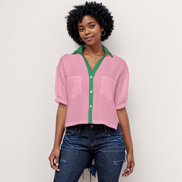 Sorority Spirit V-Neck Shirt in Pink and Green, AKA Inspired Casual Chic Blouse,Vibrant Sorority Colors Blouse, Gift for AKA