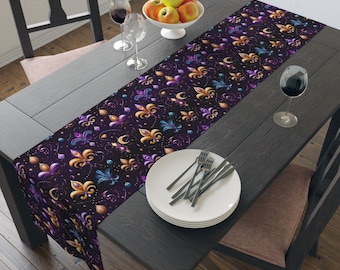 Mardi Gras  fleur - de - lis Pattern Table Runner - Festive MariGras Themed Table Runner - Reusable Table Runner