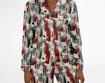 Gray & Deep Red African Mud Cloth Print Satin 2 -Piece Women's Pajama Set | Plus Size Bogolan Luxury Sleepwear | Ethnic Cozy Loungewear