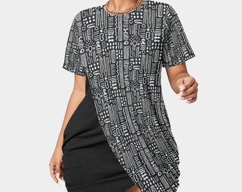 Plus Size Women’s African MudCloth Stacked Hem Dress With Short Sleeve | Curvy Women's Bogolan Long T-Shirt Dress | Plus African Print