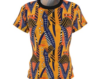 Vibrant African Print Women's Shirt, Saffron, Royal Blue, and Kente Geometric Design Shirt, Women's Ankara Style All Over Print Shirt
