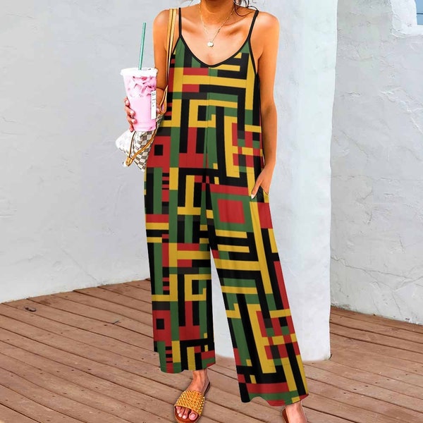 Women's African Kente Print Suspender Jumpsuit, V-Neck Tribal Print Loose Trousers Pantsuit, Contemporary Ethnic Print Jumpsuit