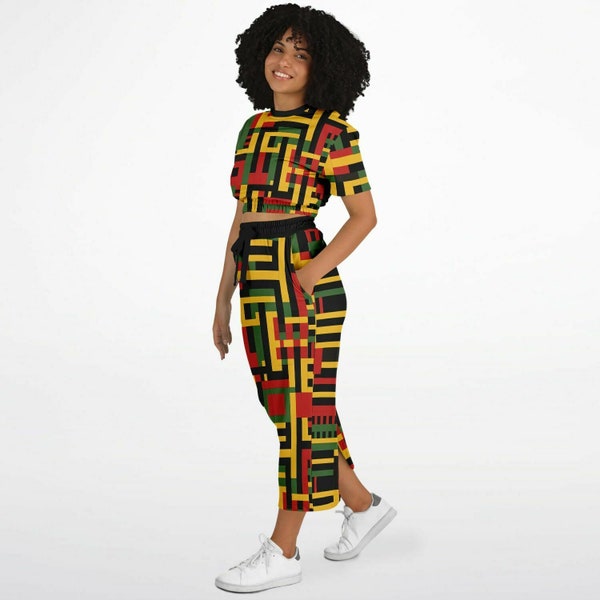 African Kente Cloth Women's Cropped Sweatshirt & Long Skirt Set, Ethnic Print Fashion, Women's Two Piece Skirt Set, Crop Top Set