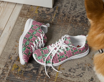 Women's AKA Sorority Inspired Athletic Shoes, Pink & Green African Mud Cloth Print Low Tops, Pink Lightweight Running Sneakers