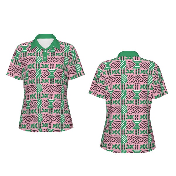 AKA Sorority Pride Polo Shirt,Pink & Green African Mud Cloth Print, Heritage Inspired Ladies Golf Too Athletic Wear, Ethnic Print Sportswear