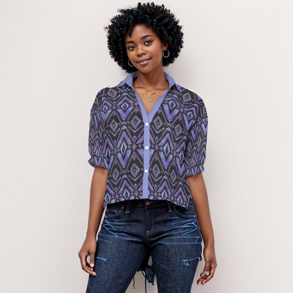 Women V-neck African Print Women's Shirt, Purple Cultural Blouse, Women's Loose-Fit Top, Purple Abstract Print Spring Button Up