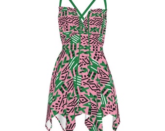 AKA Sorority Pink & Green African Mud Cloth Womens Summer Beach Dress, Plus Size Pink and Green Ethnic Print Beachwear, AKA Dress