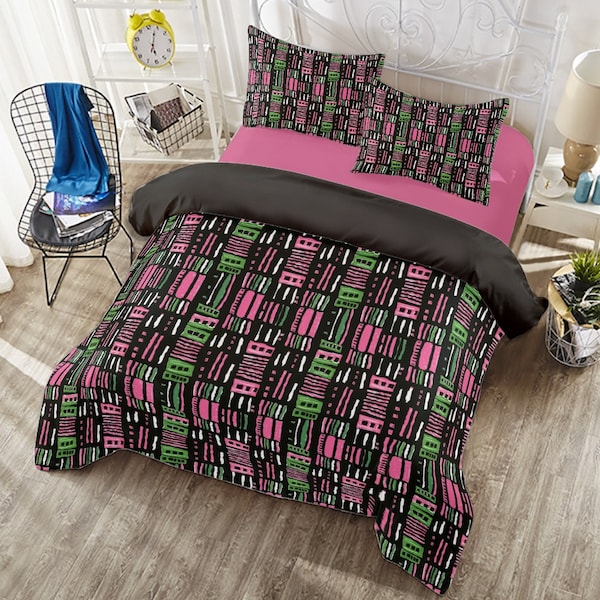 Pink & Green Mudcloth Inspired Abstract Duvet Cover Set, Abstract Pattern Bedspread, Contemporary African Print Duvet, Cultural Bedding