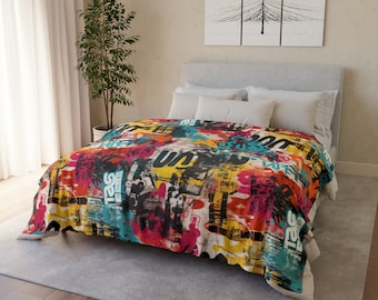 Urban Graffiti Distressed Print Throw Cover l Street Art Style Bedroom Cover | Street Art Style Home Decor